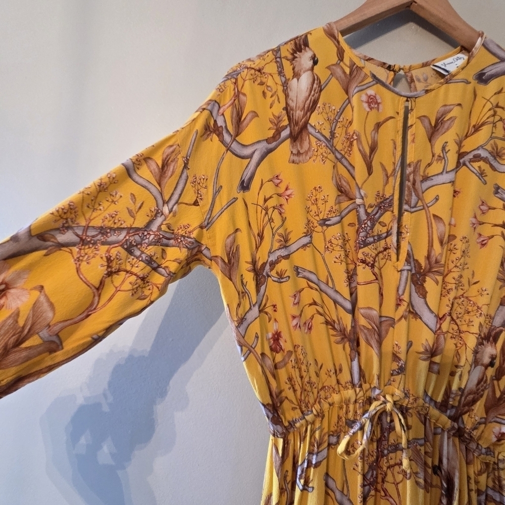 H&M Johanna Ortiz Women's Yellow Floral Boho Frill Summer Midi Crepe Dress Sz XS - Picture 10 of 16